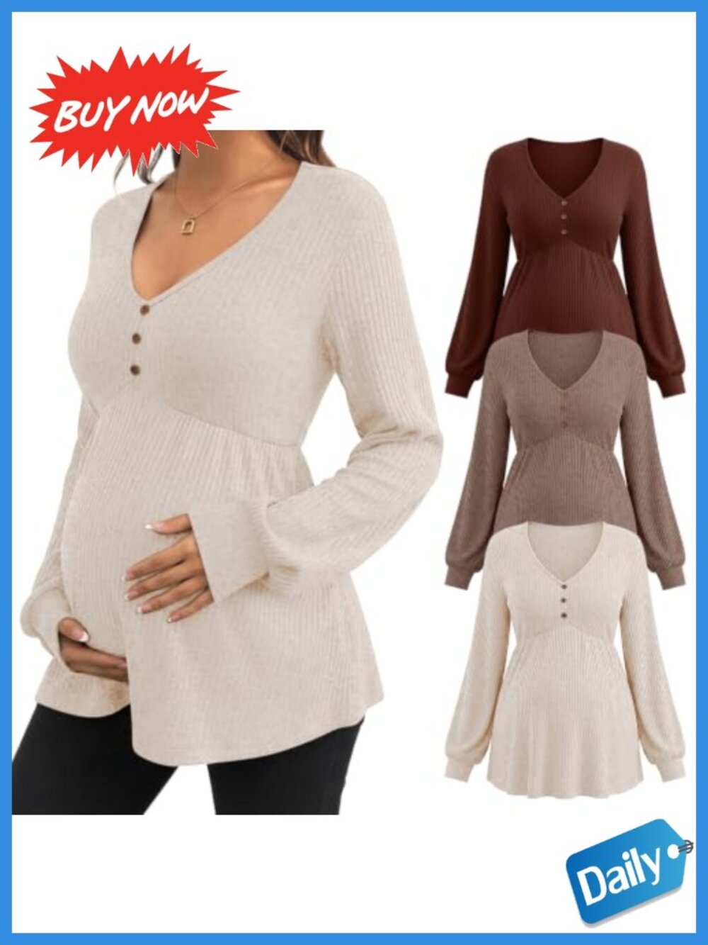 3 Pack Maternity Tops Womens Long Sleeve Tunic V Neck Ribbed Pregnancy Shirts